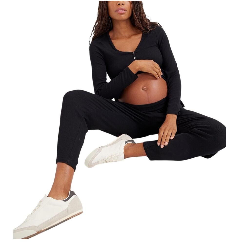Hatch Ribbed Black Over Under Lounge Pants Size 2